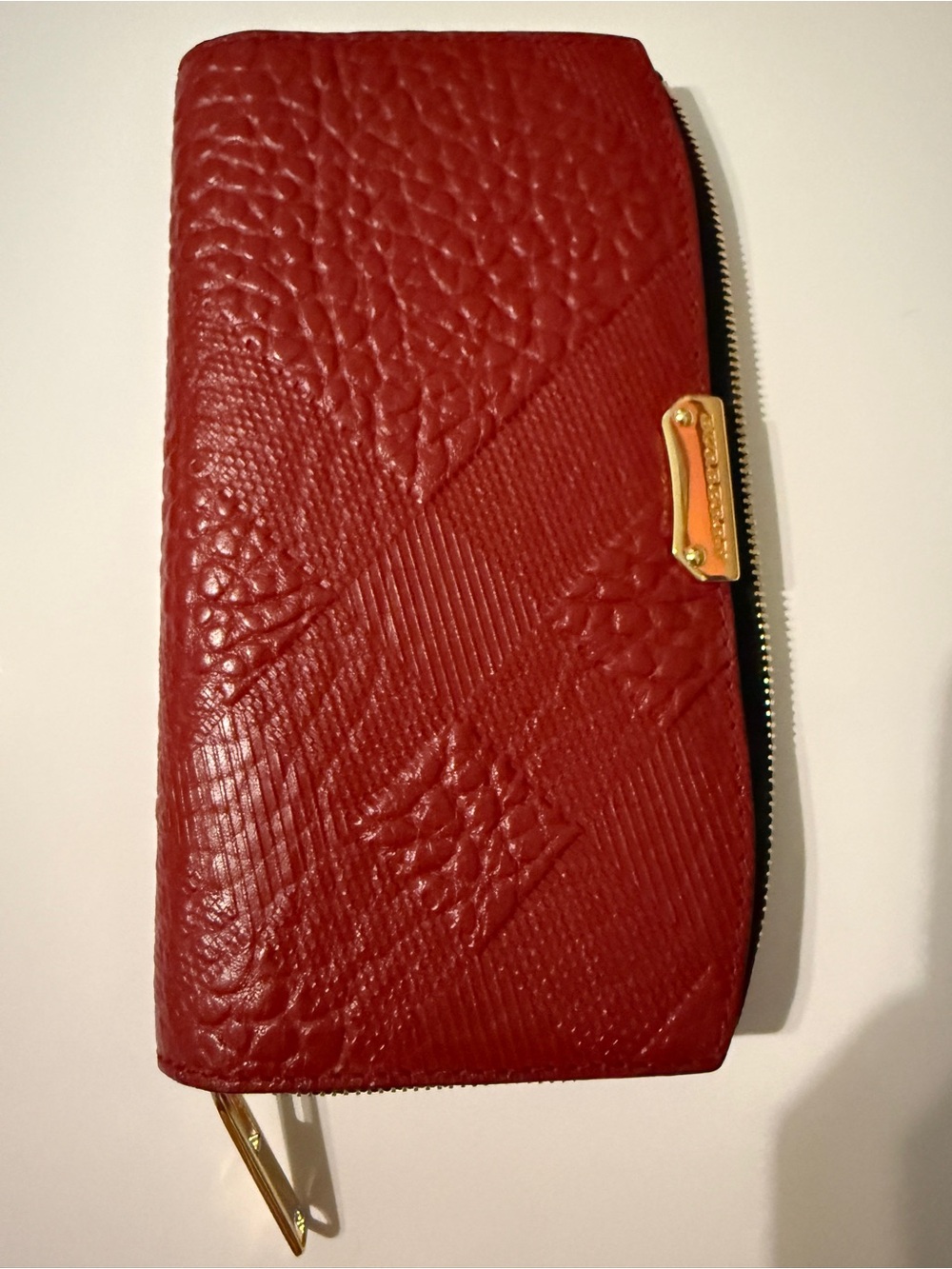 Burberry Red Leather Zip Around Continental Wallet